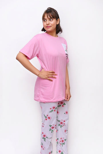 Blush Pink Floral Print Nightwear Set – Comfy & Stylish Sleepwear