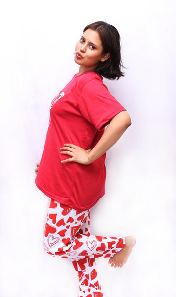 Red Heart Love Printed Nightwear Set – Comfy & Stylish