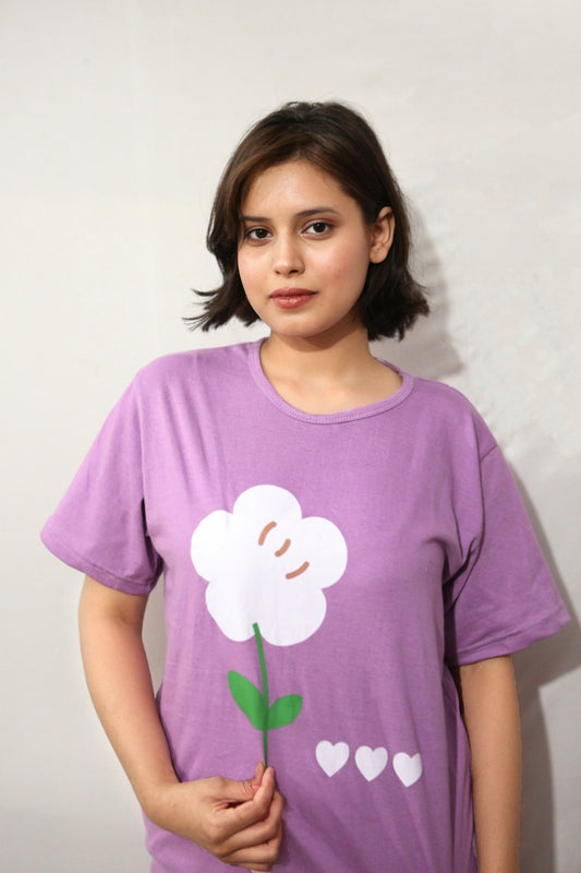 Floral Print Purple Nightwear Set – Oversized T-Shirt & Pajama Pants