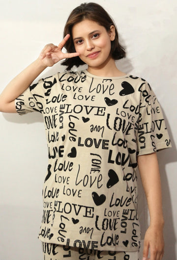 Chic Love Print Beige Nightwear Set – Oversized T-Shirt & Pajama Pants