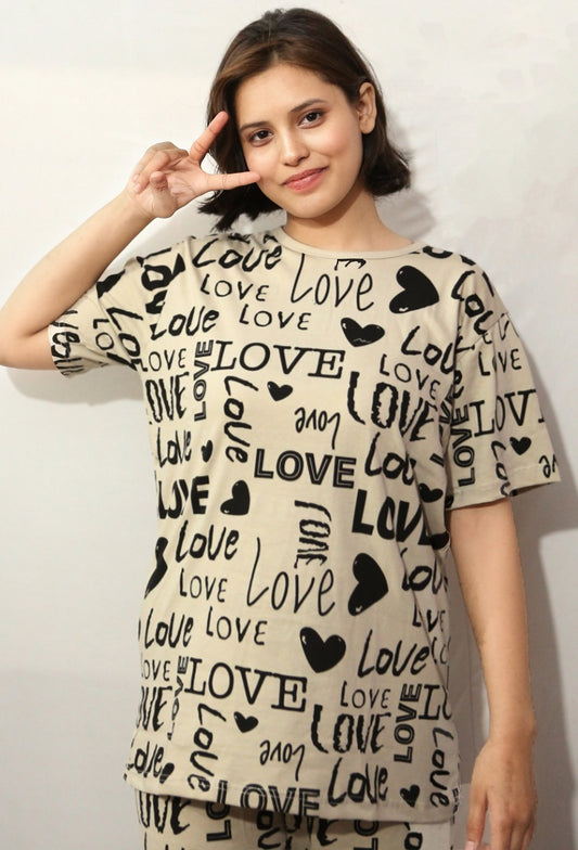 Chic Love Print Beige Nightwear Set – Oversized T-Shirt & Pajama Pants