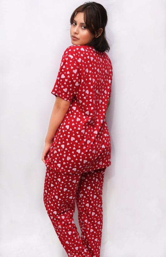 Red Heart Print Nightwear Set